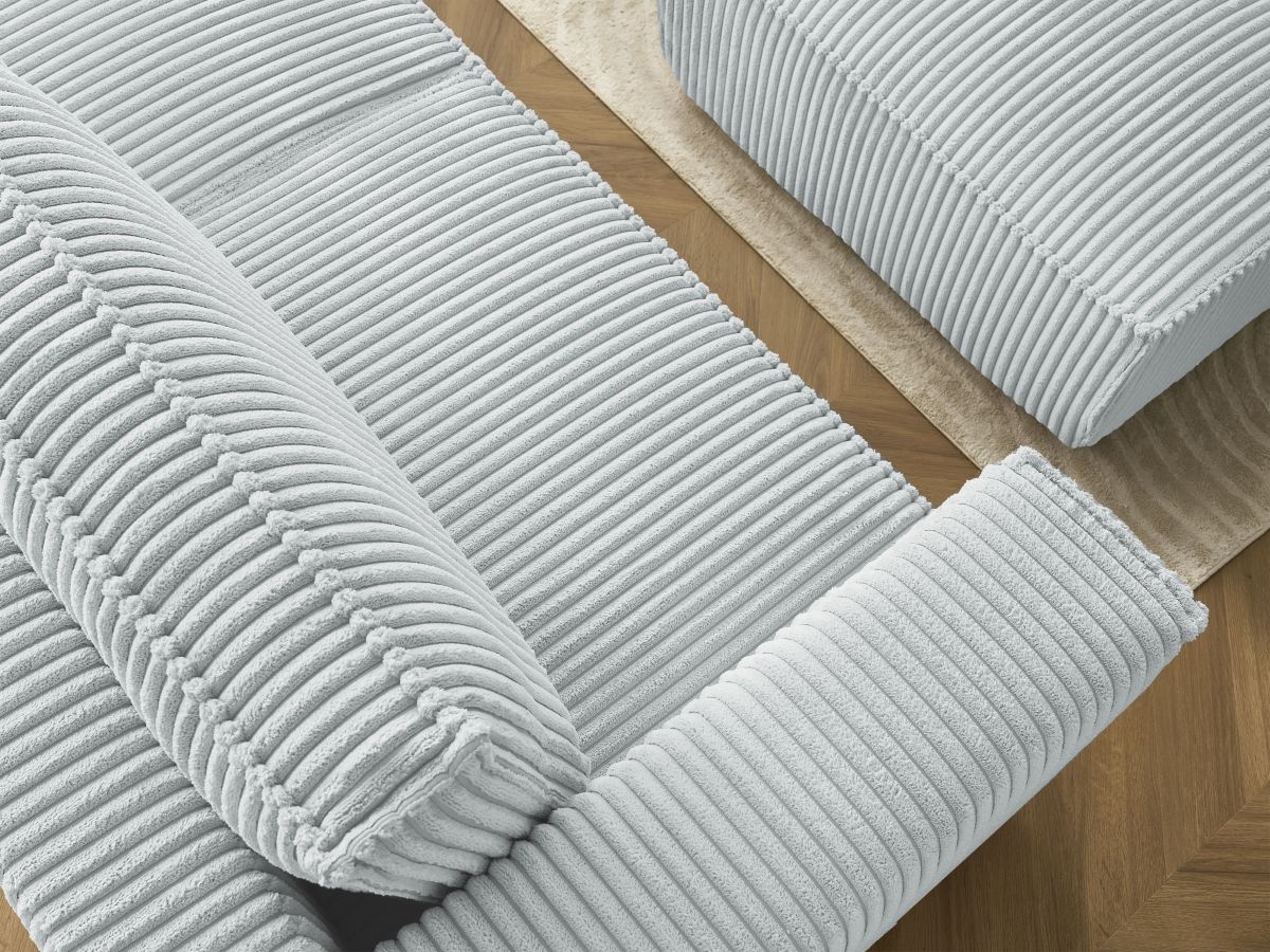 Bobochic Chelsea Schlafsofa 4-Sitzer mit Bettkasten und Pouf Breitcord weich Hellgrau