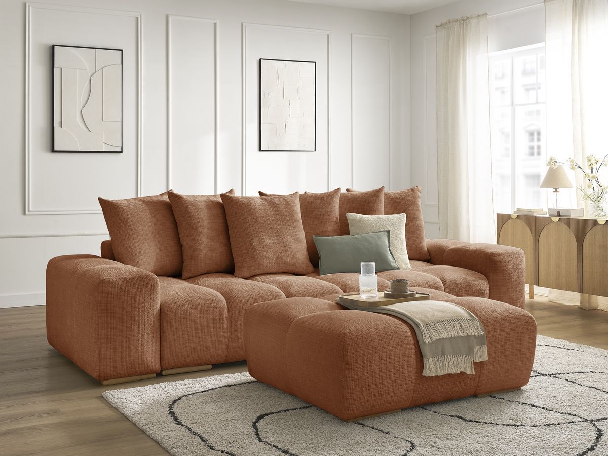 Bobochic Anakin Schlafsofa 3-Sitzer mit Bettkasten und Pouf, 6 Kissen Strukturstoff Orange