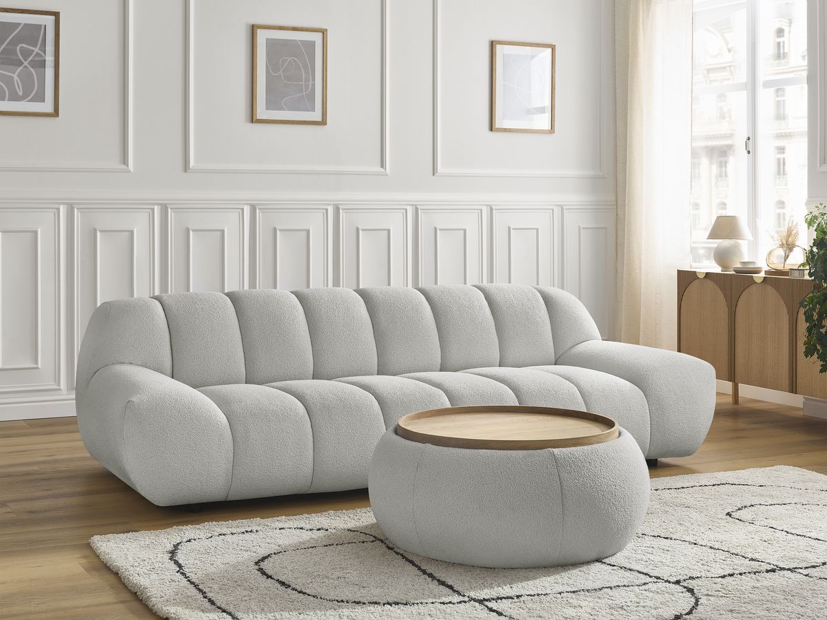 Bobochic Hayden Sofa 3-Sitzer mit Pouf 256 × 107 cm Bouclé-Stoff Hellgrau