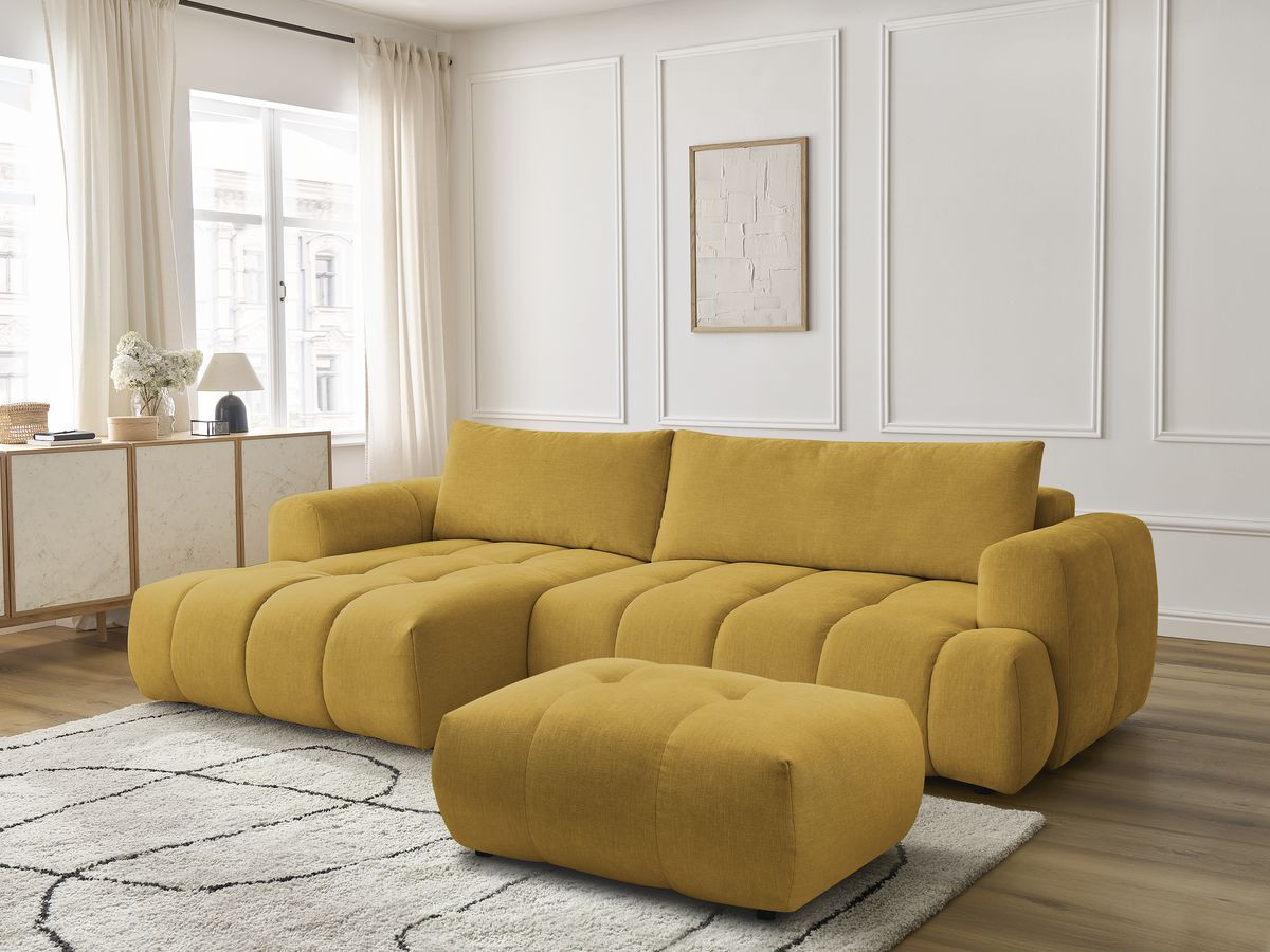 Bobochic Fuji Ecksofa mit Schlaffunktion und Bettkasten und Pouf 292 × 160 cm Stoff Gelb Ecke links
