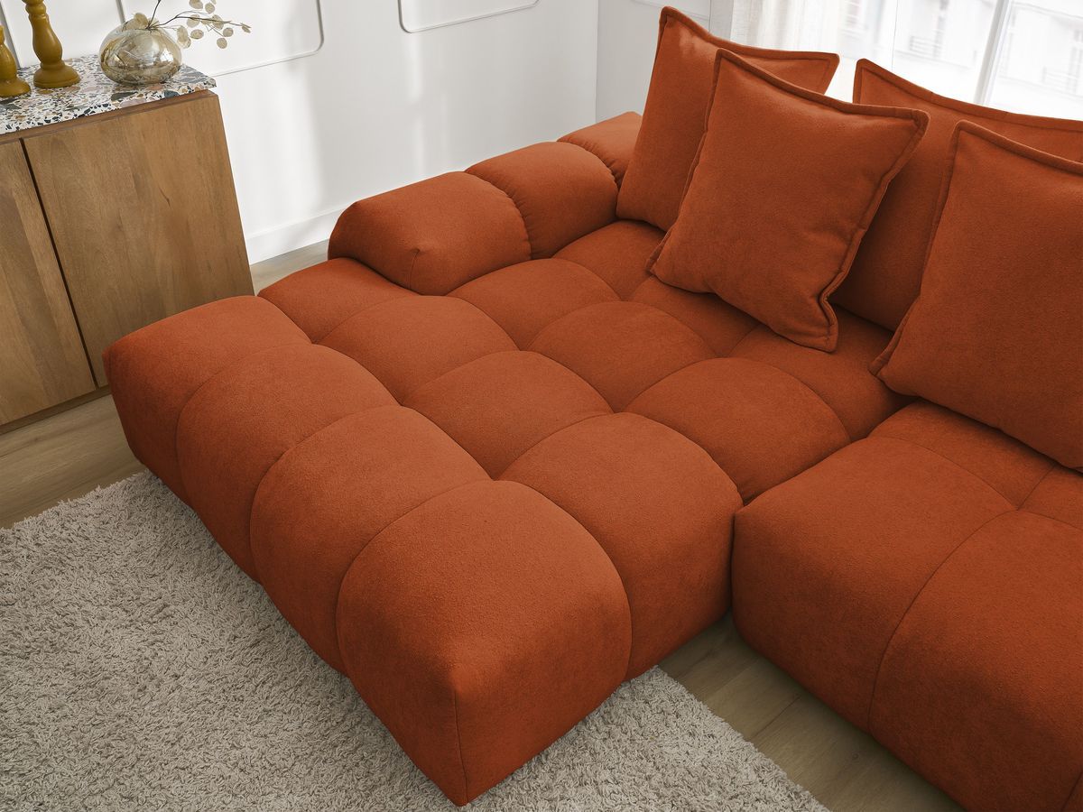 Bobochic Everest Ecksofa mit Schlaffunktion und Bettkasten 318 × 180 cm, 7 Kissen Strukturstoff Orange Ecke links