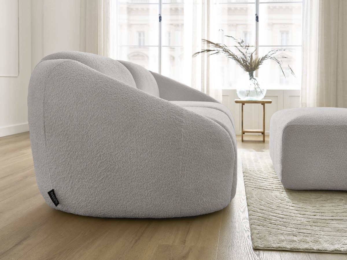 Bobochic Tina Sofa 3-Sitzer mit Pouf Bouclé-Stoff Hellgrau