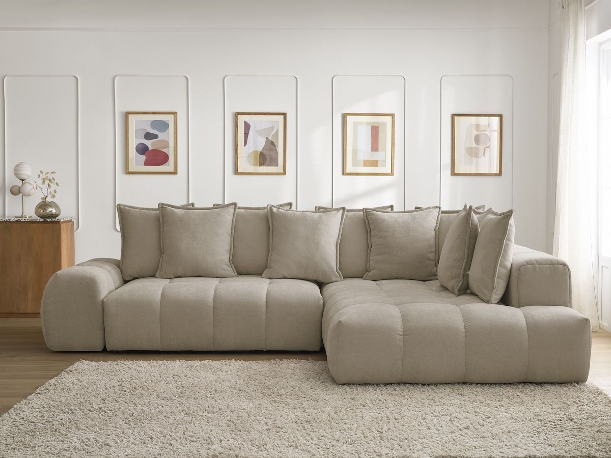 Bobochic Everest Ecksofa mit Schlaffunktion und Bettkasten 320 × 212 cm, 10 Kissen Strukturstoff Taupe Ecke rechts
