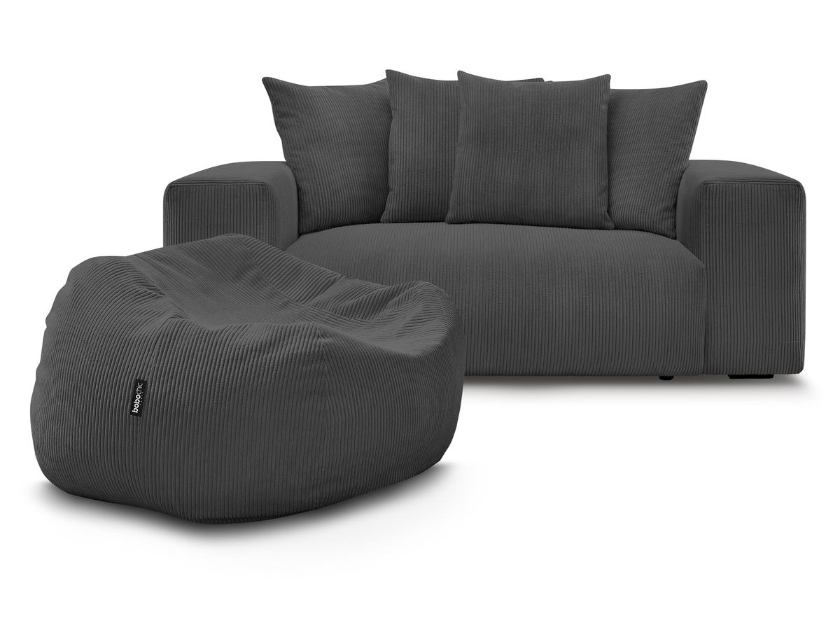 Bobochic Voltaire Sofa 2-Sitzer mit Pouf Cordsamt Dunkelgrau