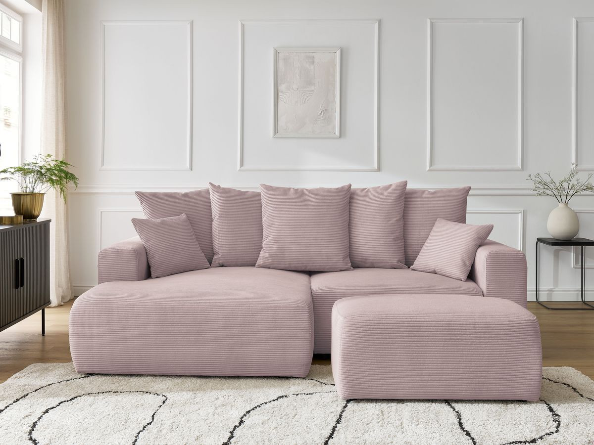 Bobochic Atilla Ecksofa mit Schlaffunktion und Bettkasten und Pouf Cordsamt Violett Ecke links