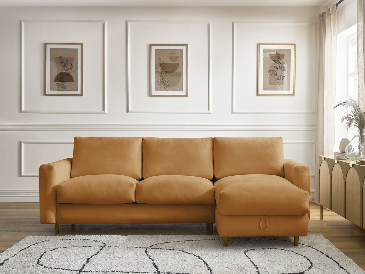 Bobochic Cocoone Ecksofa mit Schlaffunktion und Bettkasten Stoff Gelb, Liegefläche 160 × 200 cm