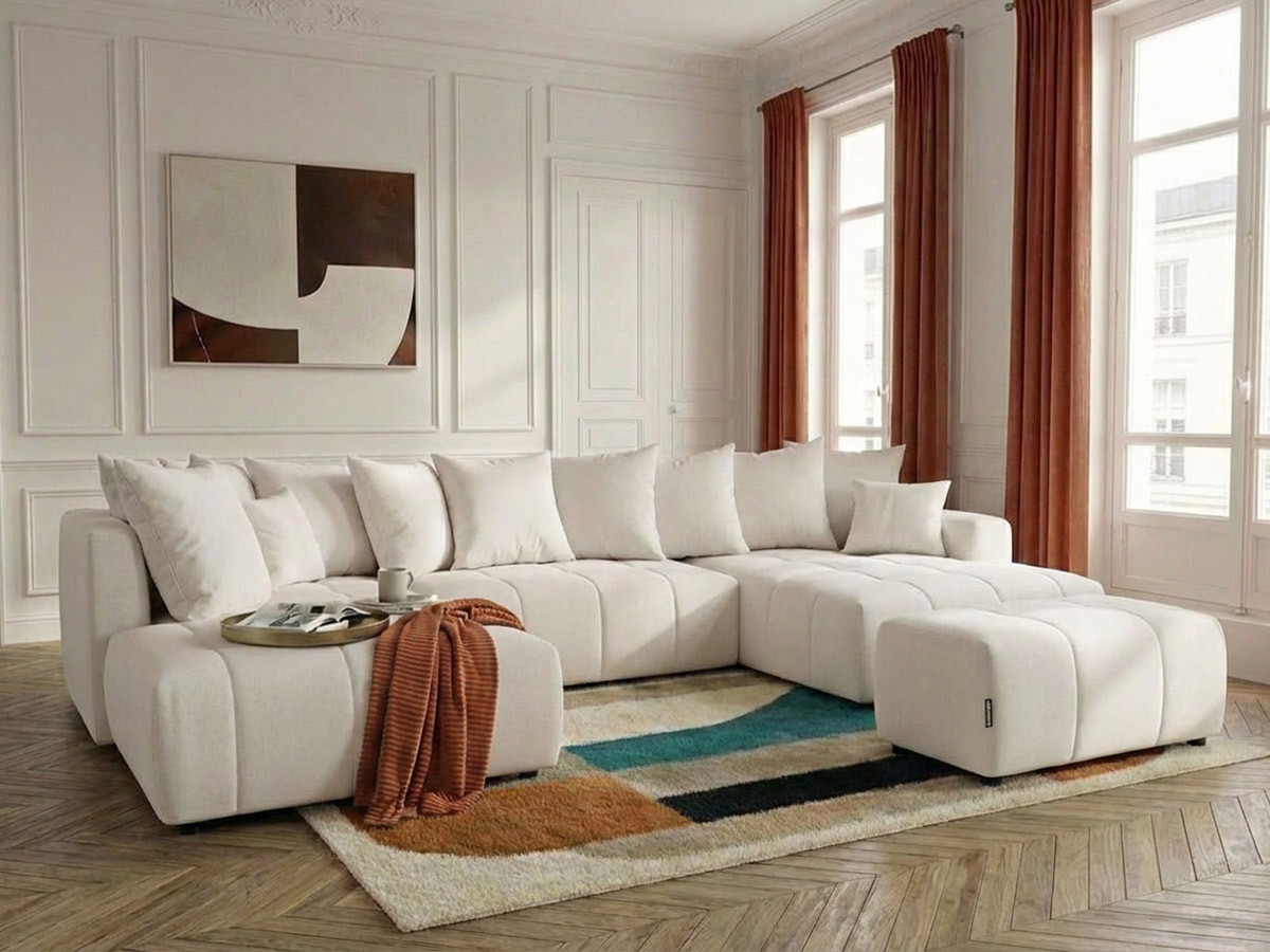 Bobochic Roxelane Wohnlandschaft mit Pouf Melange-Stoff Weiß Ecke rechts