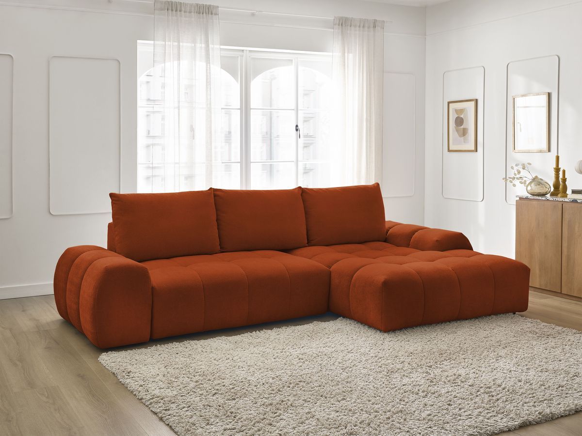 Bobochic Everest Ecksofa mit Schlaffunktion und Bettkasten 318 × 180 cm, 3 Kissen Strukturstoff Orange Ecke rechts