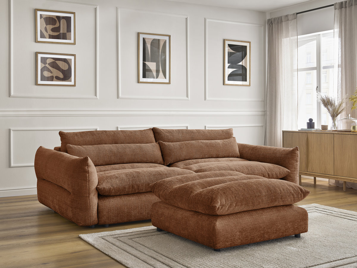Bobochic Neil Sofa 3-Sitzer mit Pouf Strukturstoff Orange