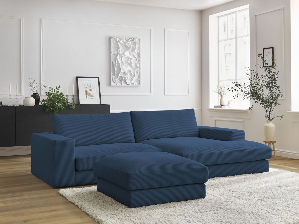 Bobochic Leonard Ecksofa mit Pouf 234 × 159 cm Cordsamt Dunkelblau Ecke rechts