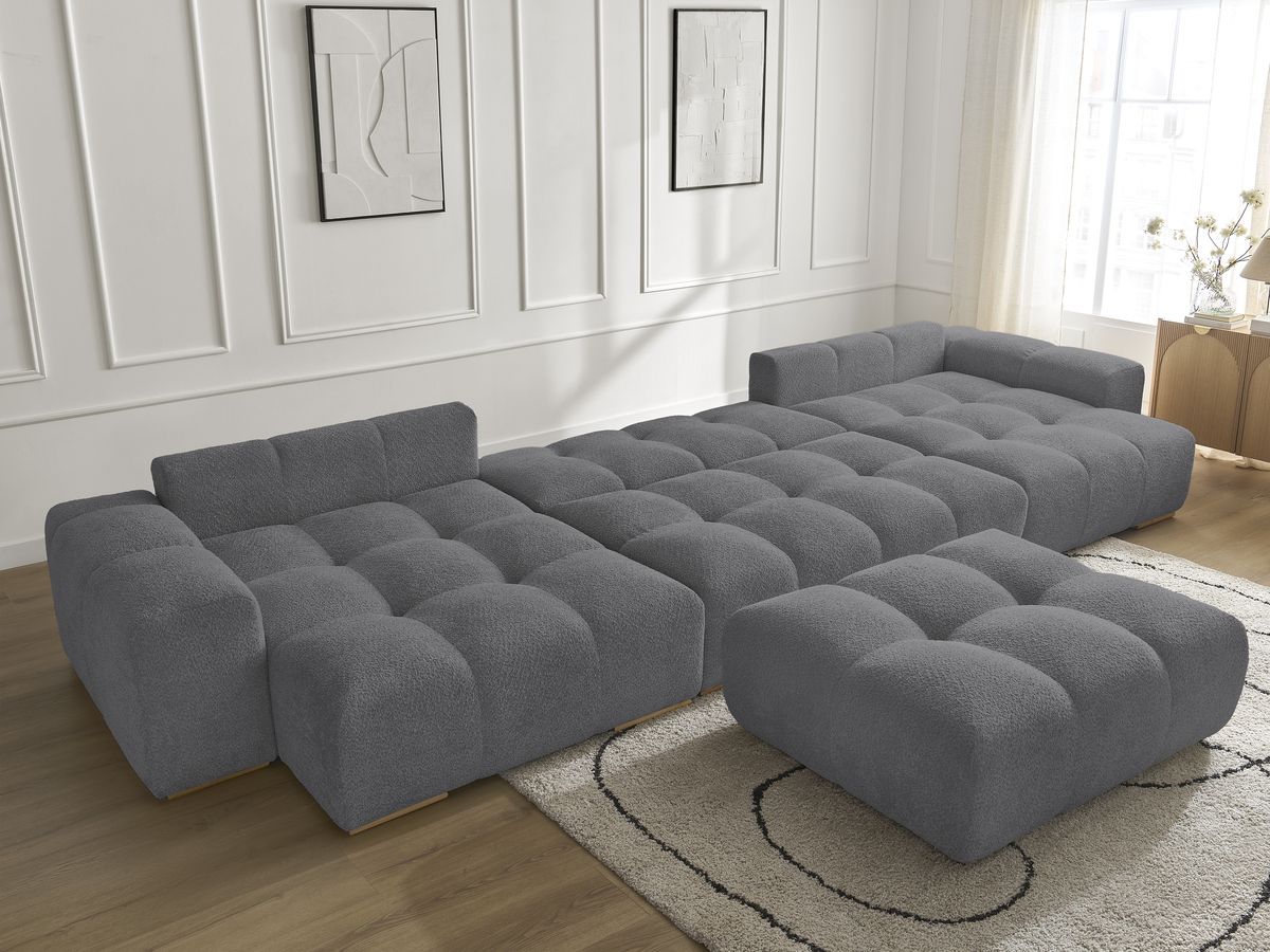 Bobochic Anakin Wohnlandschaft mit Pouf, Liegefläche 137 × 382 cm, 10 Kissen Bouclé-Stoff Dunkelgrau