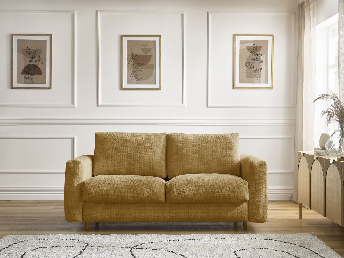 Bobochic Cocoone Schlafsofa 3-Sitzer Strukturstoff Gelb, Liegefläche 160 × 200 cm
