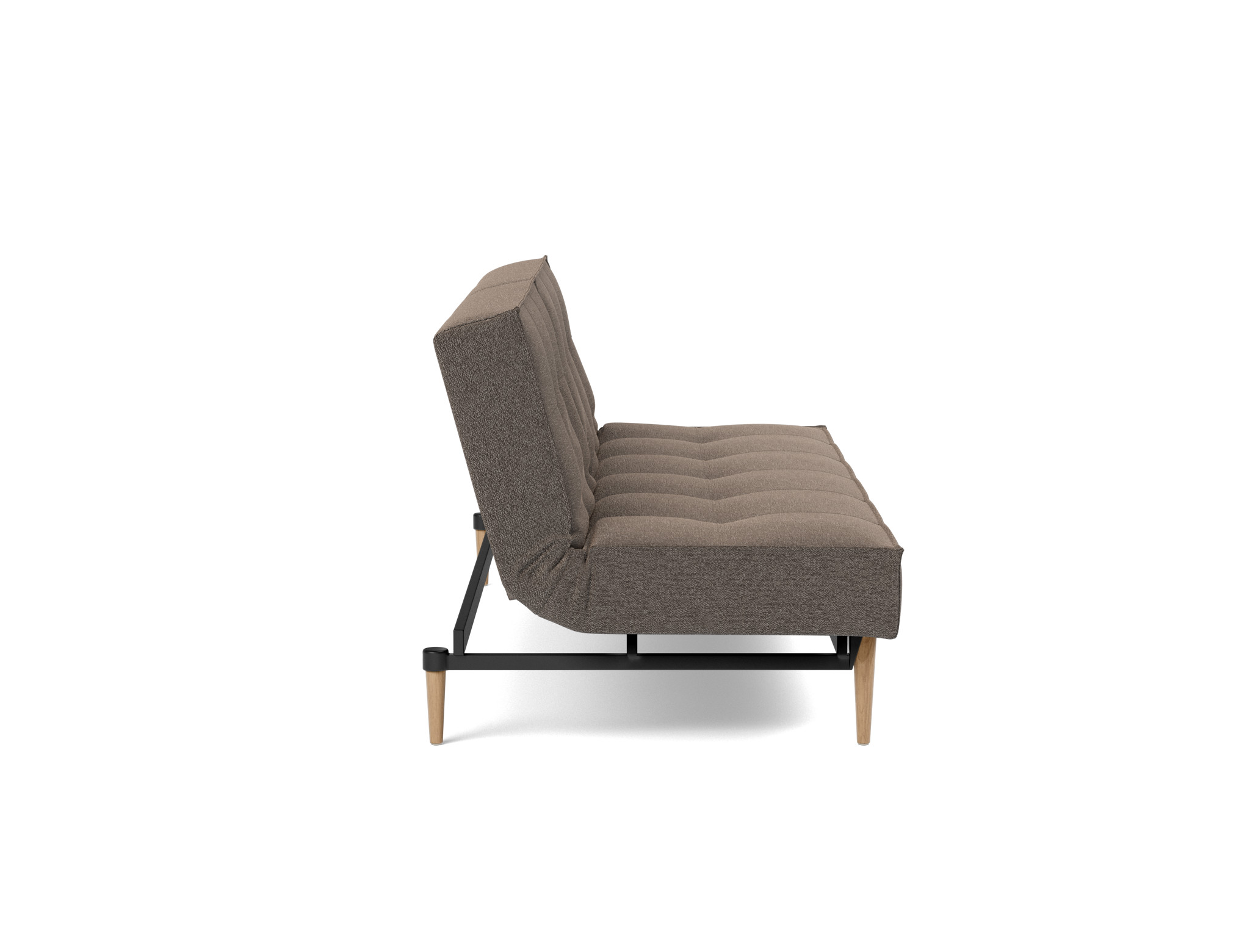 Schlafsofa Splitback Boucle Skandi 530-Taupe Beine Styletto Eiche hell