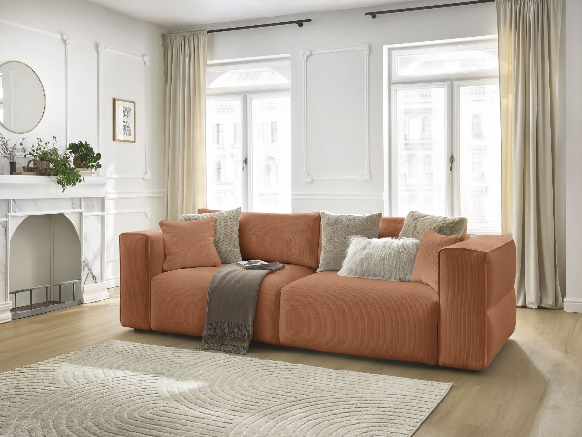 Bobochic Ezechiel Schlafsofa 3-Sitzer mit Bettkasten Melange-Stoff Orange