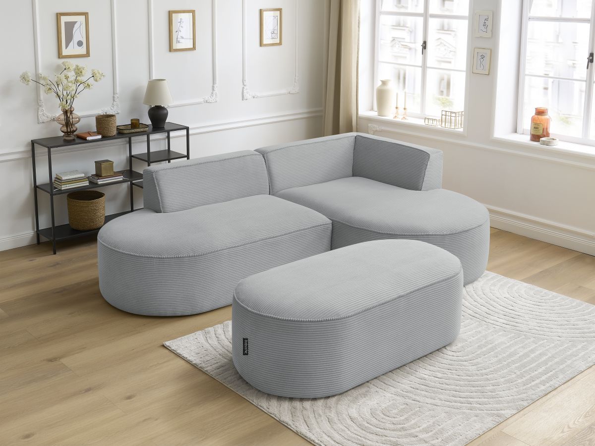 Bobochic Rousseau Ecksofa mit Pouf Cordsamt Hellgrau Ecke rechts