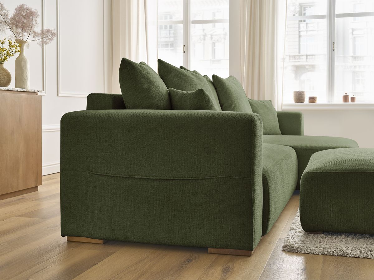 Bobochic Sidonie Ecksofa mit Schlaffunktion und Bettkasten und Pouf Melange-Stoff Grün