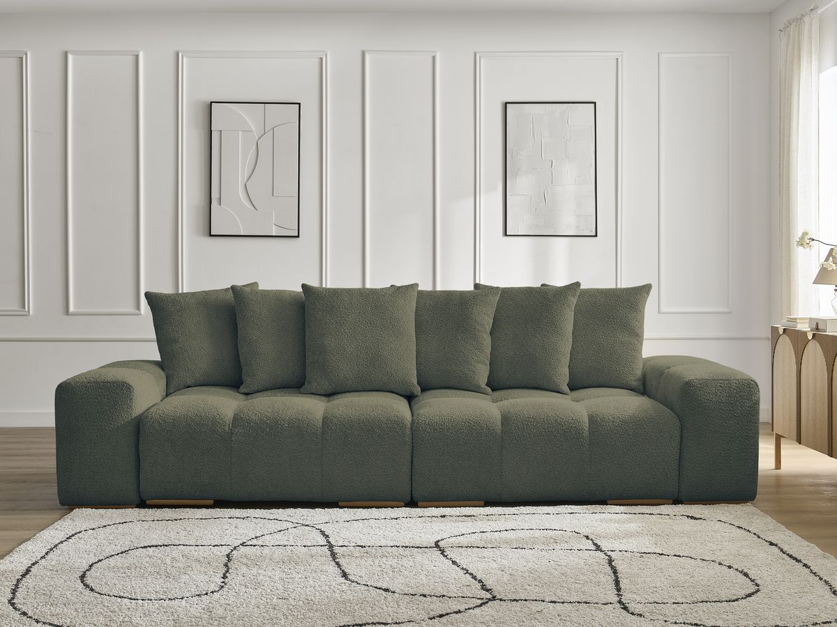 Bobochic Anakin Sofa 3-Sitzer, 6 Kissen Bouclé-Stoff Grün