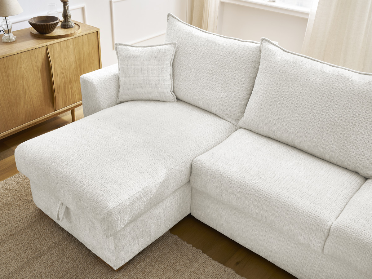 Bobochic Augustin Ecksofa mit Schlaffunktion und Bettkasten Strukturstoff Weiß, Liegefläche 160 × 200 cm