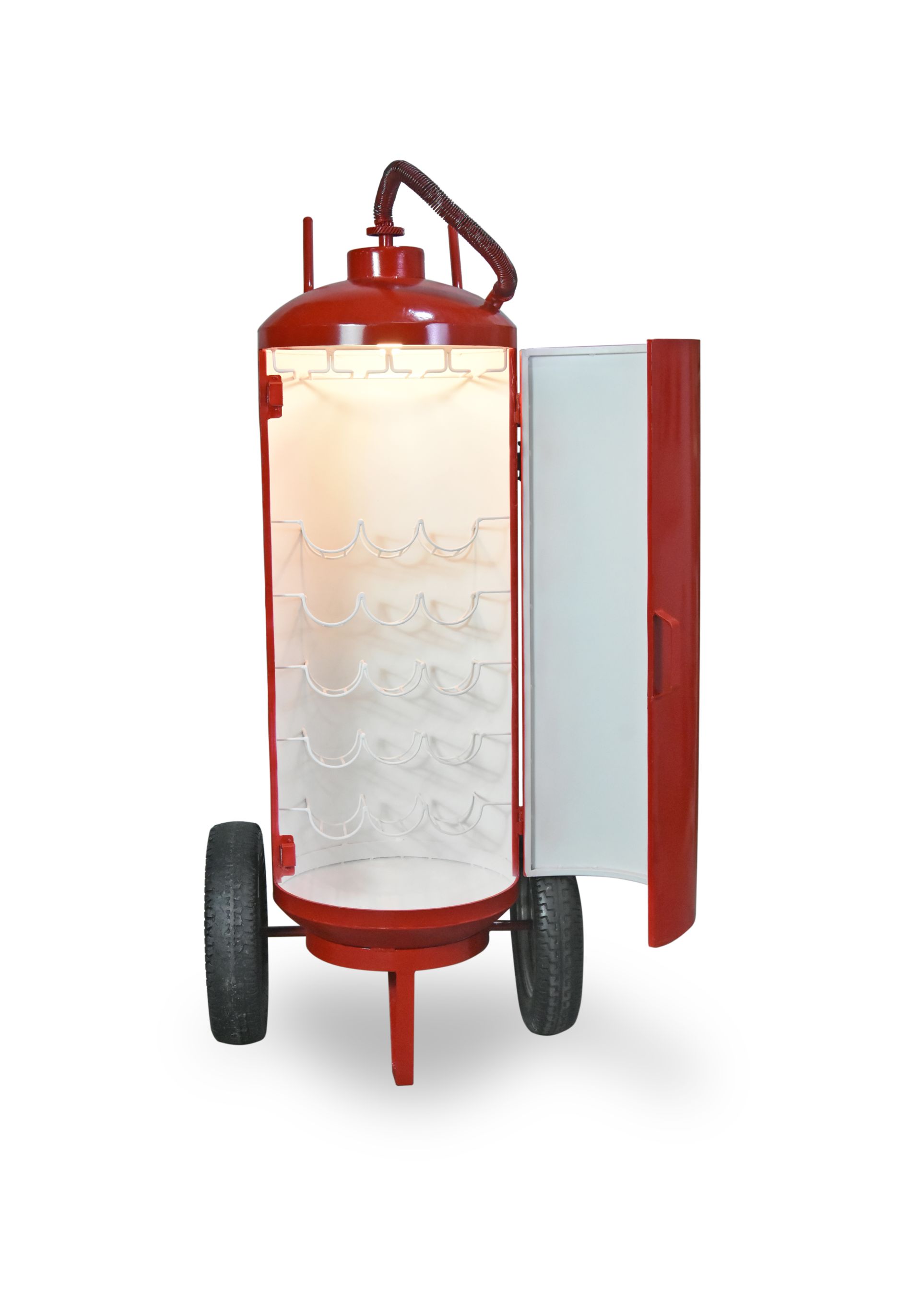 Möbelfaktor PyroVault Industrial-Minibar in Feuerlöscher-Optik – Frontansicht mit geöffneter Tür und beleuchtetem Innenraum