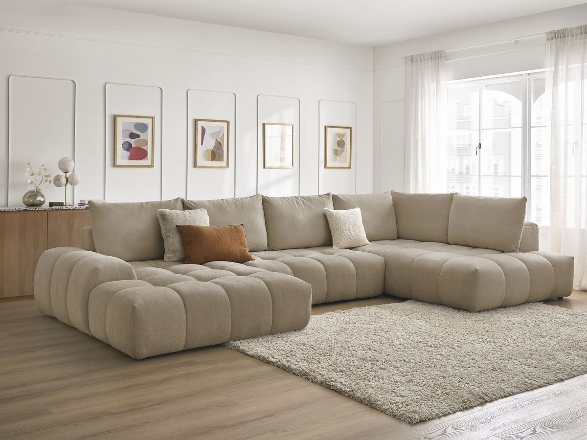 Bobochic Everest Wohnlandschaft, 6 Kissen Strukturstoff Taupe Ecke links