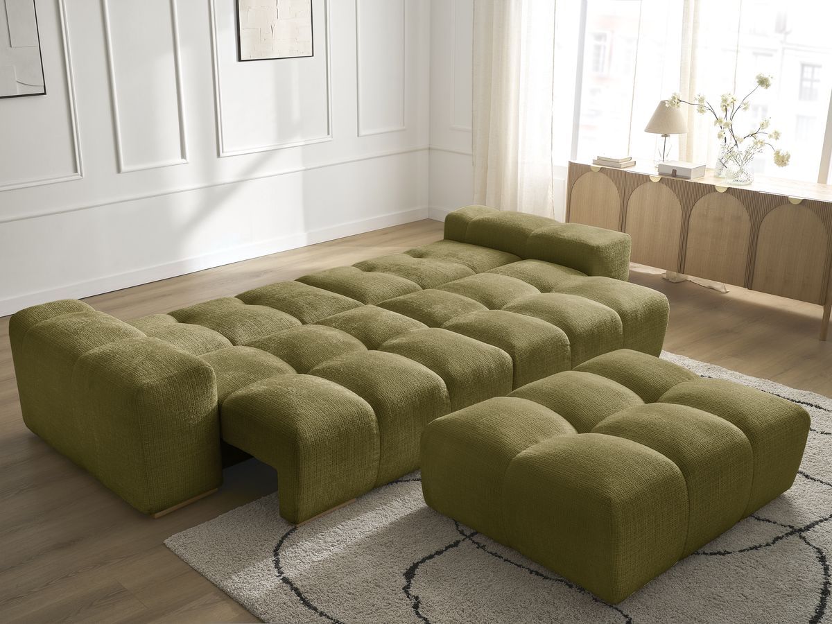 Bobochic Anakin Schlafsofa 3-Sitzer mit Bettkasten und Pouf, 6 Kissen Strukturstoff Grün