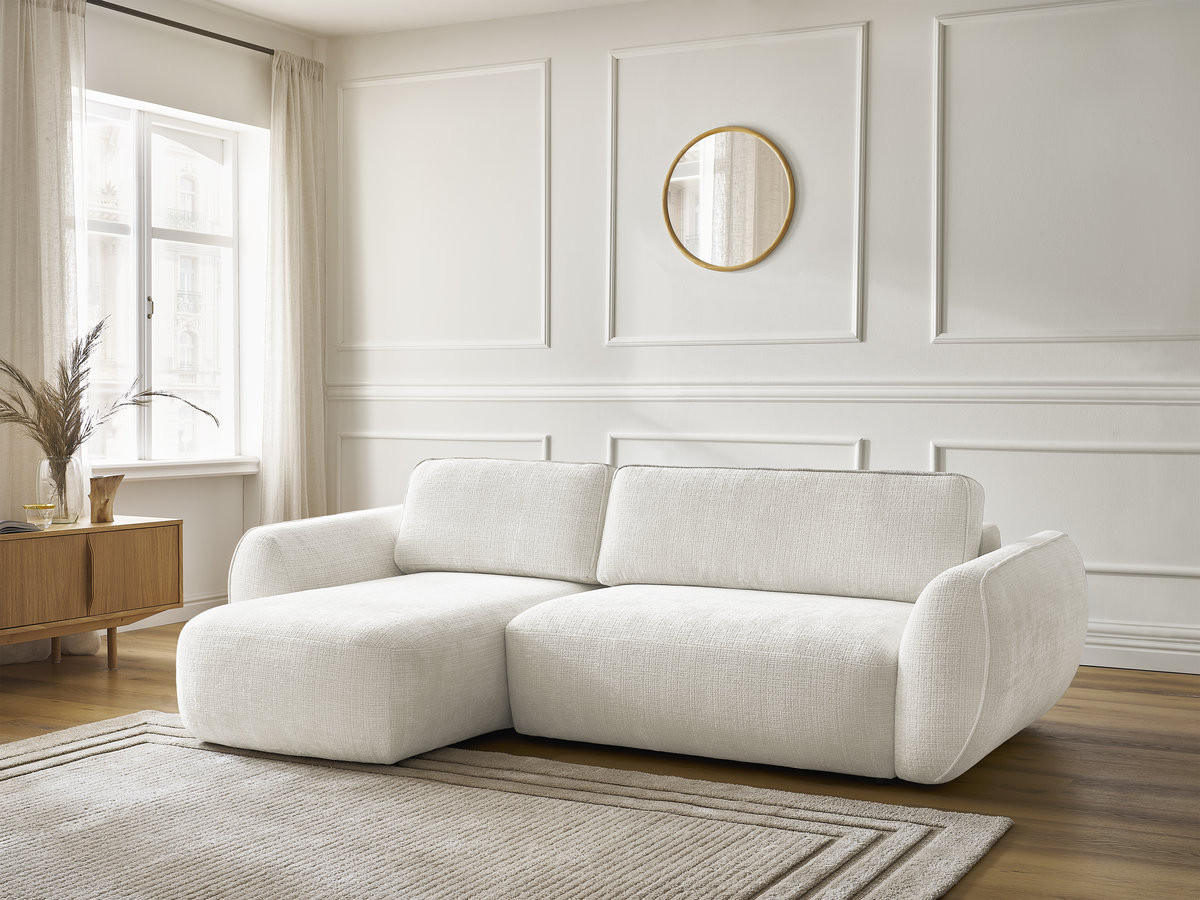 Bobochic Denise Ecksofa mit Schlaffunktion und Bettkasten 258 × 160 cm Strukturstoff Weiß Ecke links