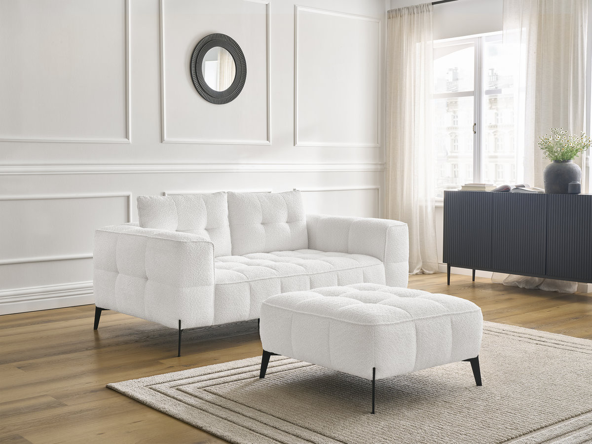 Bobochic Anis Sofa 2-Sitzer mit Pouf Bouclé-Stoff Weiß
