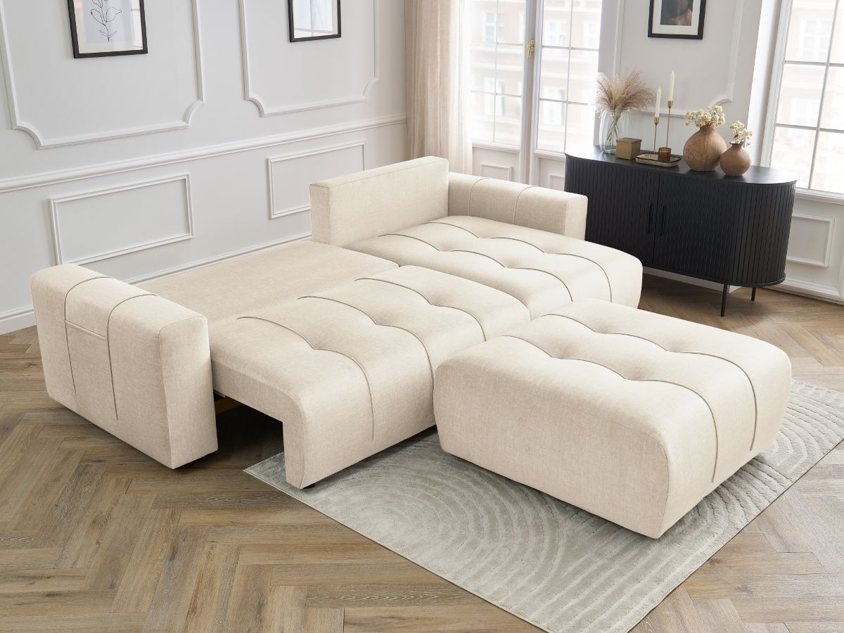 Bobochic Arsene Ecksofa mit Schlaffunktion und Bettkasten und Pouf 288 × 148 cm Samt Beige