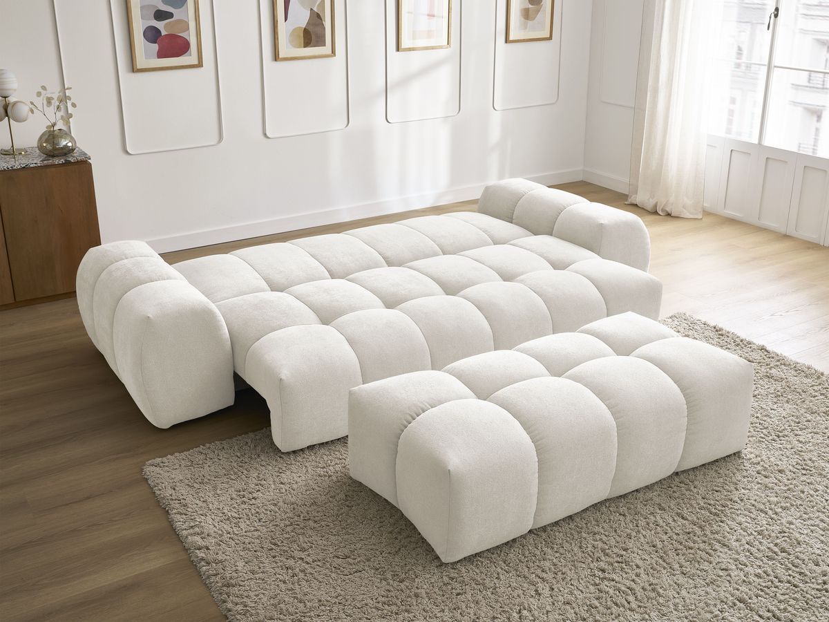 Bobochic Everest Schlafsofa 3-Sitzer mit Bettkasten und Pouf, 5 Kissen Strukturstoff Weiß