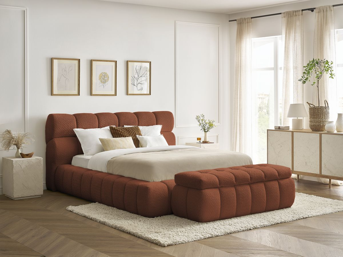 Bobochic Mont-blanc Polsterbett mit Bettkasten mit Bettbank Bouclé-Stoff Orange, Liegefläche 160 × 200 cm