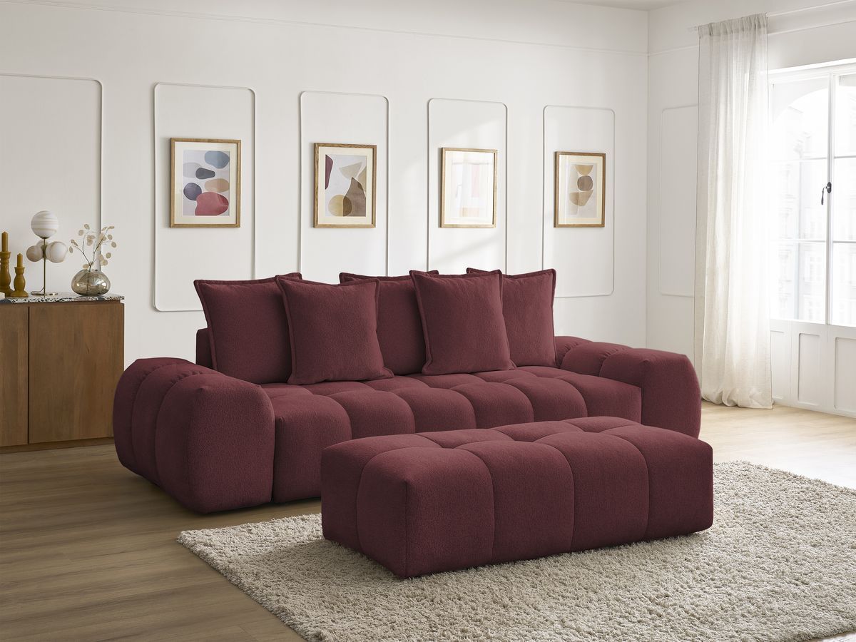 Bobochic Everest Sofa 3-Sitzer mit Pouf, 5 Kissen Melange-Stoff Rot