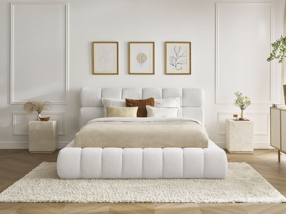Bobochic Mont-blanc Polsterbett mit Bettkasten Bouclé-Stoff Weiß, Liegefläche 160 × 200 cm