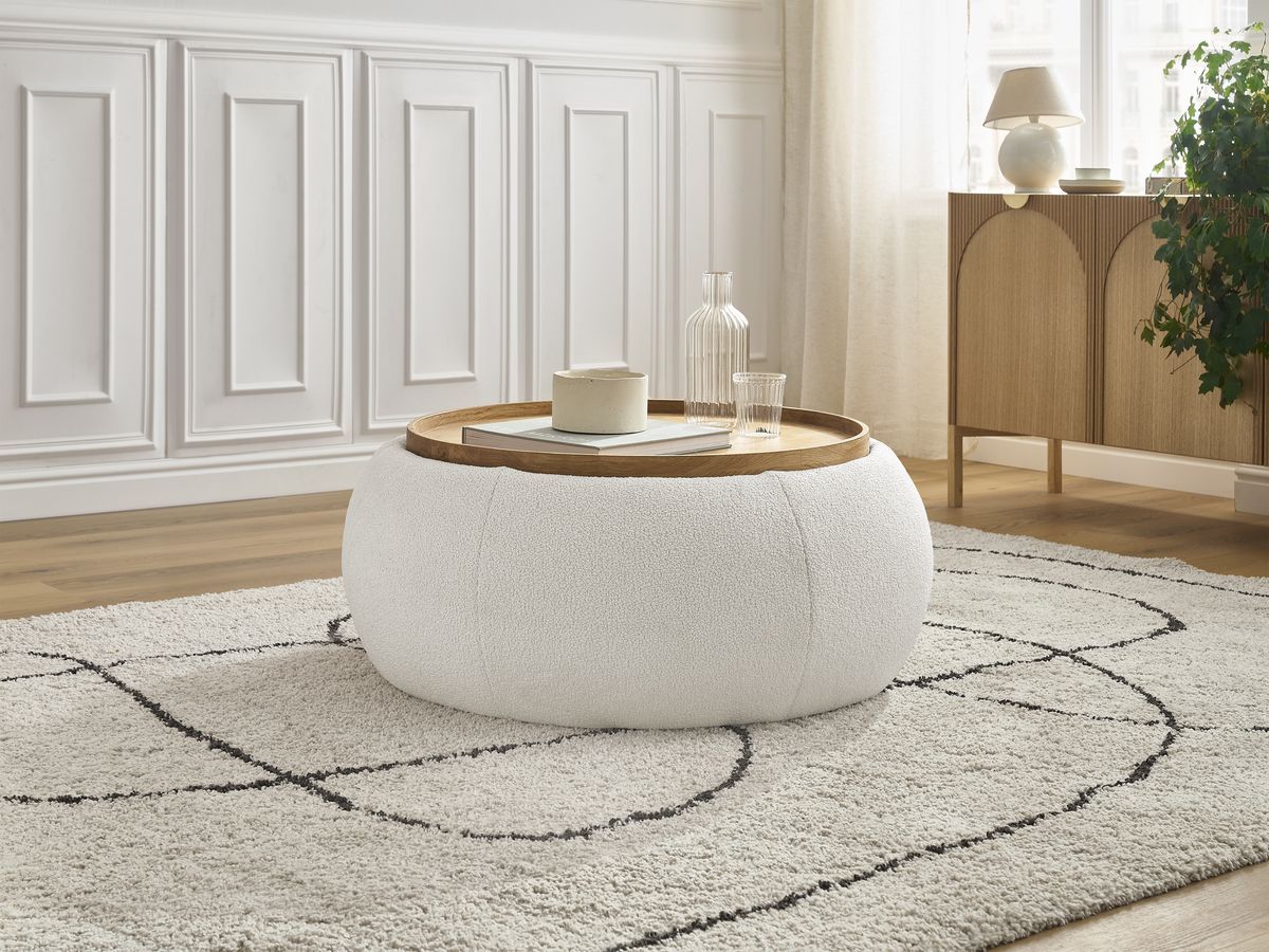 Bobochic Hayden Pouf mit Tablett, rund Bouclé-Stoff Weiß, 87 cm