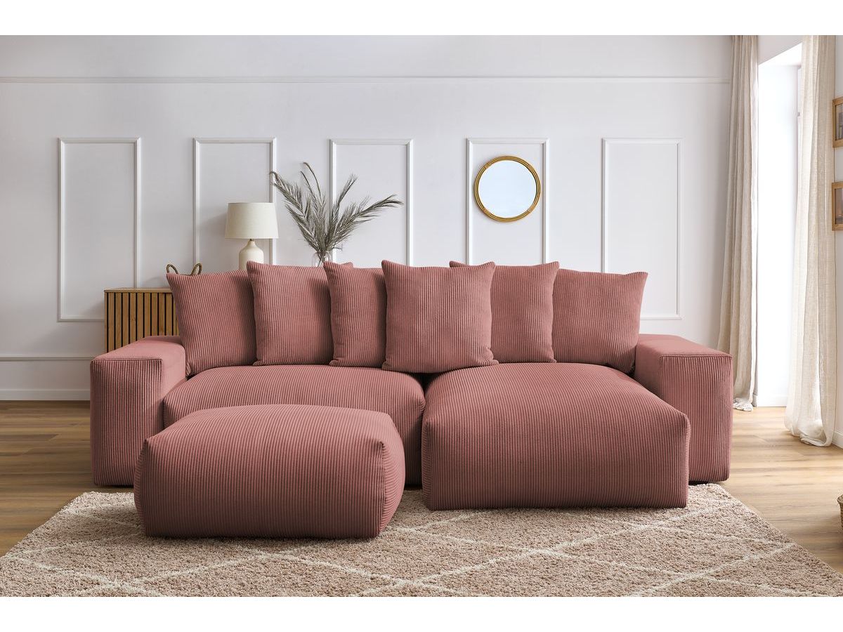 Bobochic Voltaire Ecksofa mit Schlaffunktion und Bettkasten und Pouf Cordsamt Rosa