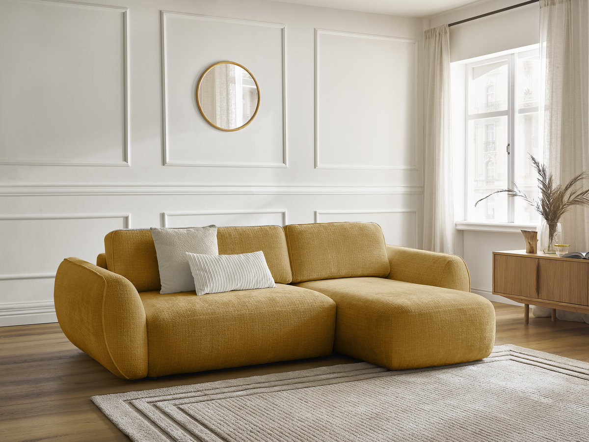 Bobochic Denise Ecksofa mit Schlaffunktion und Bettkasten 258 × 160 cm Strukturstoff Gelb Ecke rechts