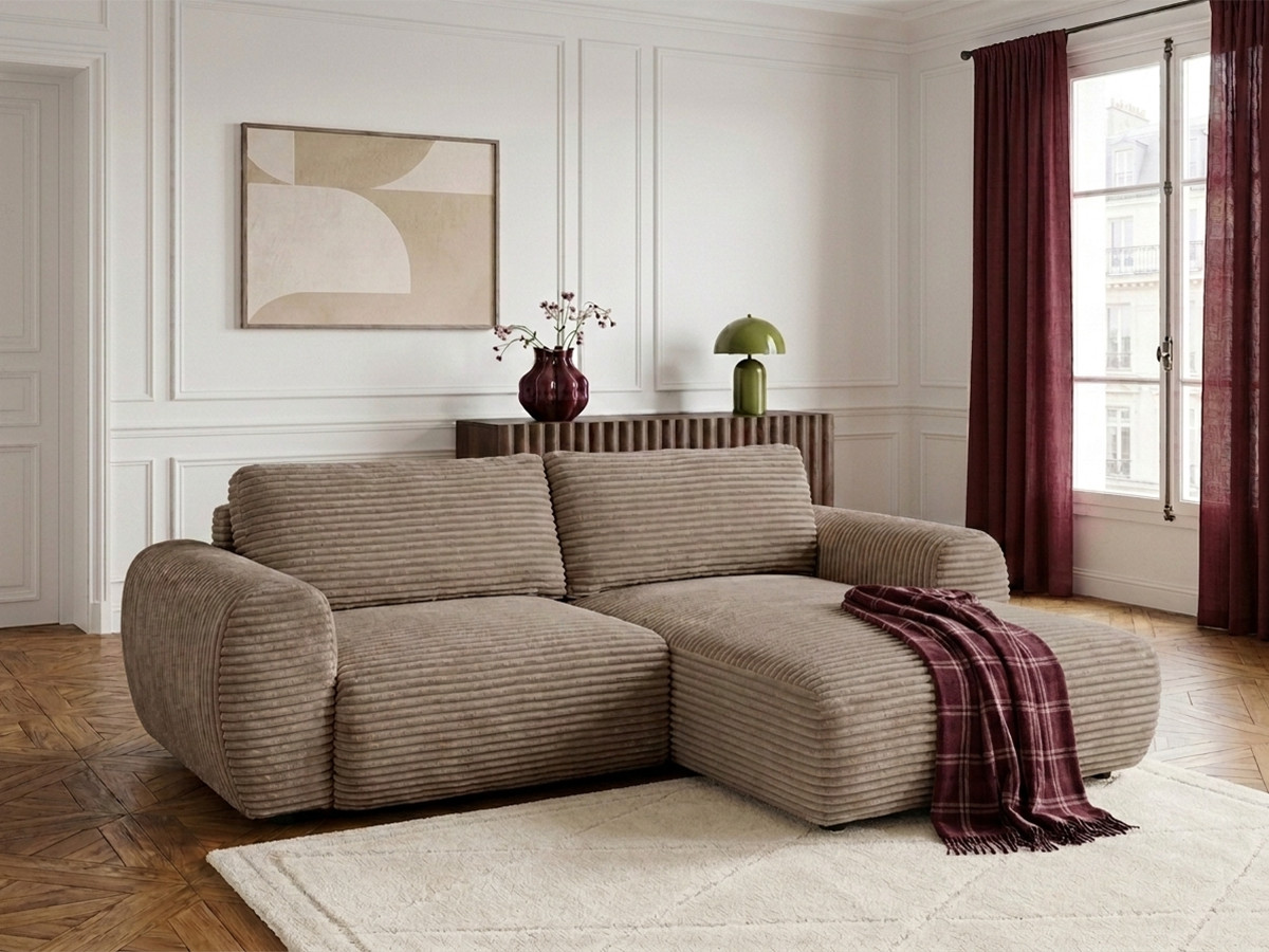 Bobochic Lucien Ecksofa mit Schlaffunktion und Bettkasten Breitcord weich Taupe Ecke rechts