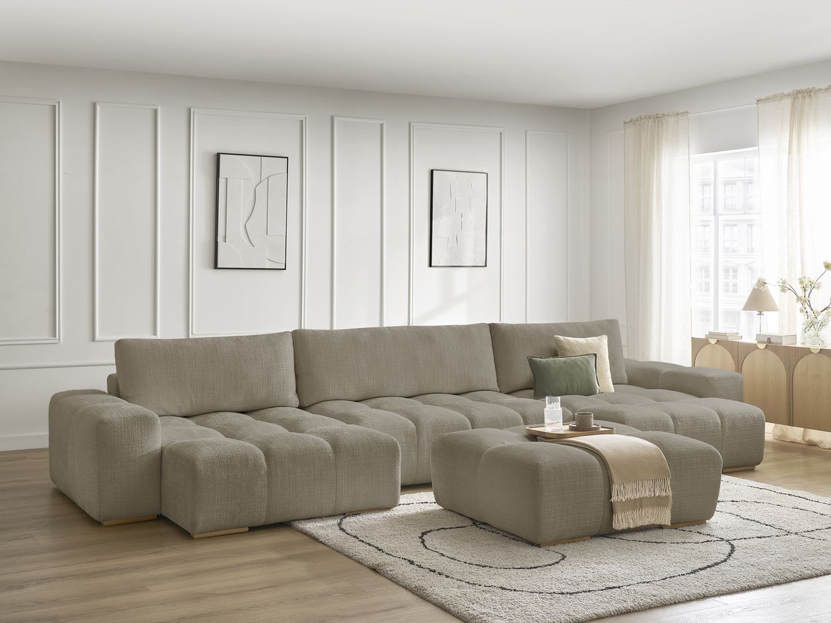 Bobochic Anakin Wohnlandschaft mit Pouf, Liegefläche 137 × 382 cm, 3 Kissen Strukturstoff Taupe