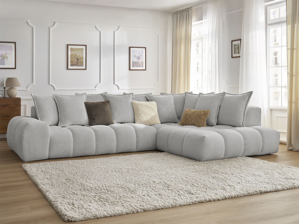 Bobochic Everest Ecksofa, 10 Kissen Melange-Stoff Hellgrau Ecke rechts