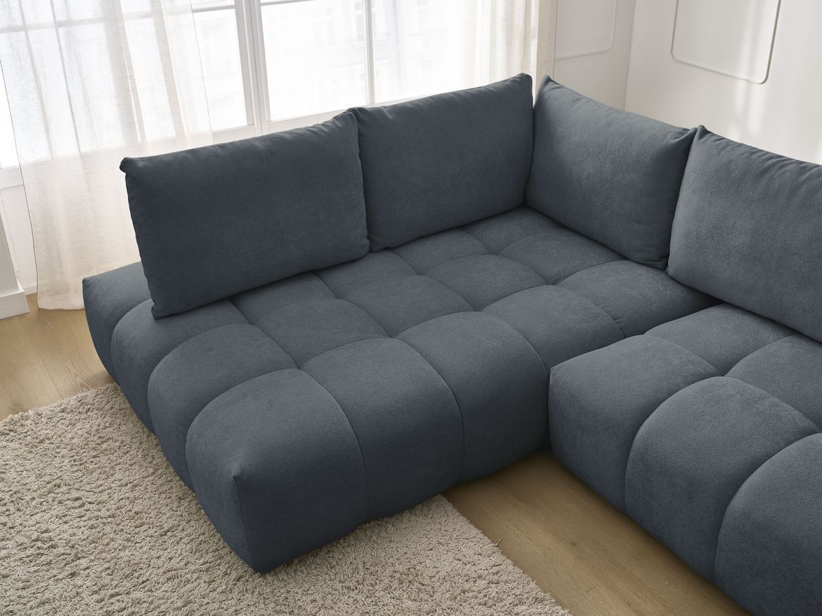 Bobochic Everest Ecksofa mit Schlaffunktion und Bettkasten 320 × 212 cm, 5 Kissen Strukturstoff Dunkelblau Ecke links