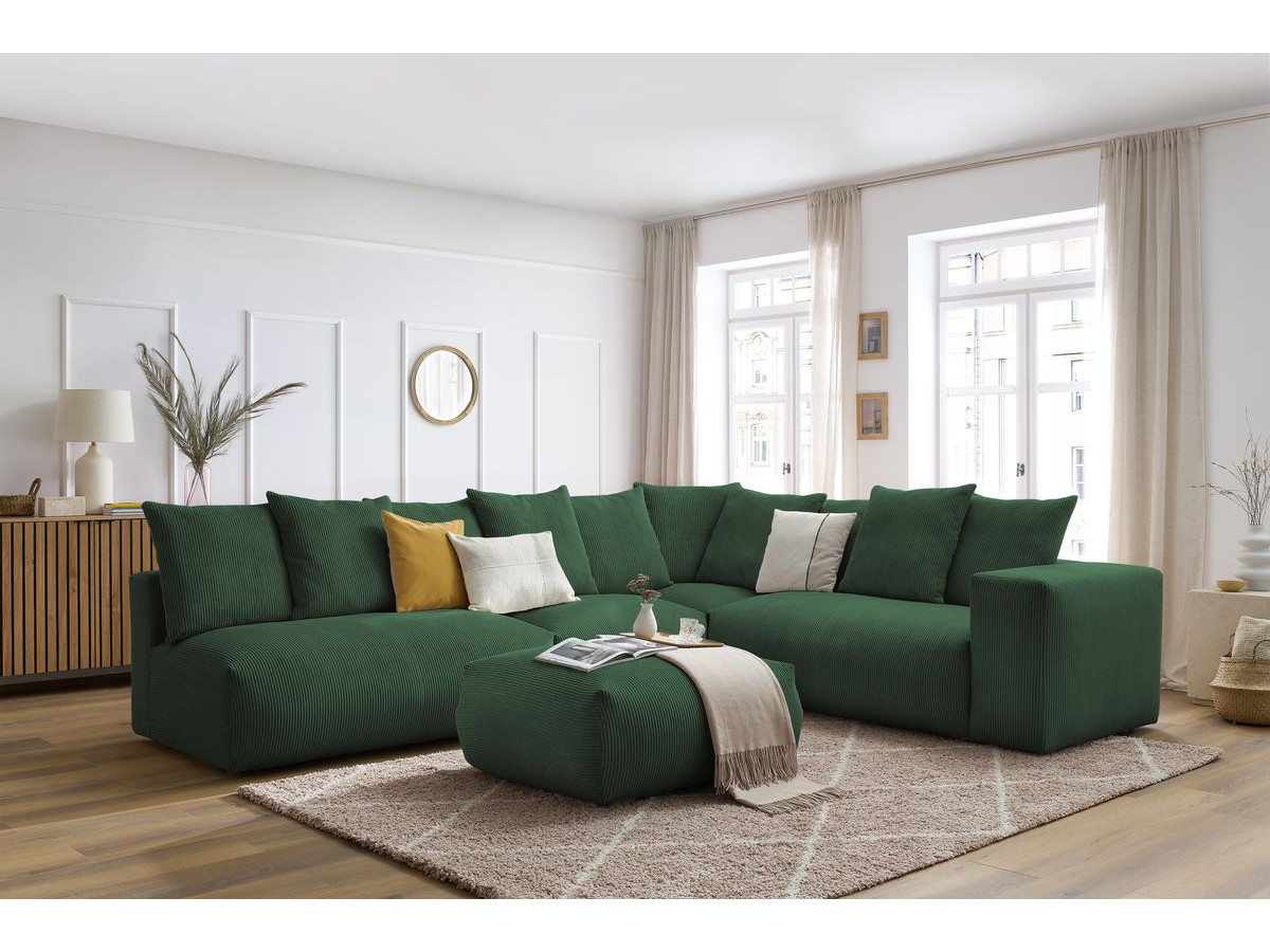 Bobochic Voltaire Ecksofa mit Pouf 322 × 268 cm Cordsamt Grün Ecke rechts