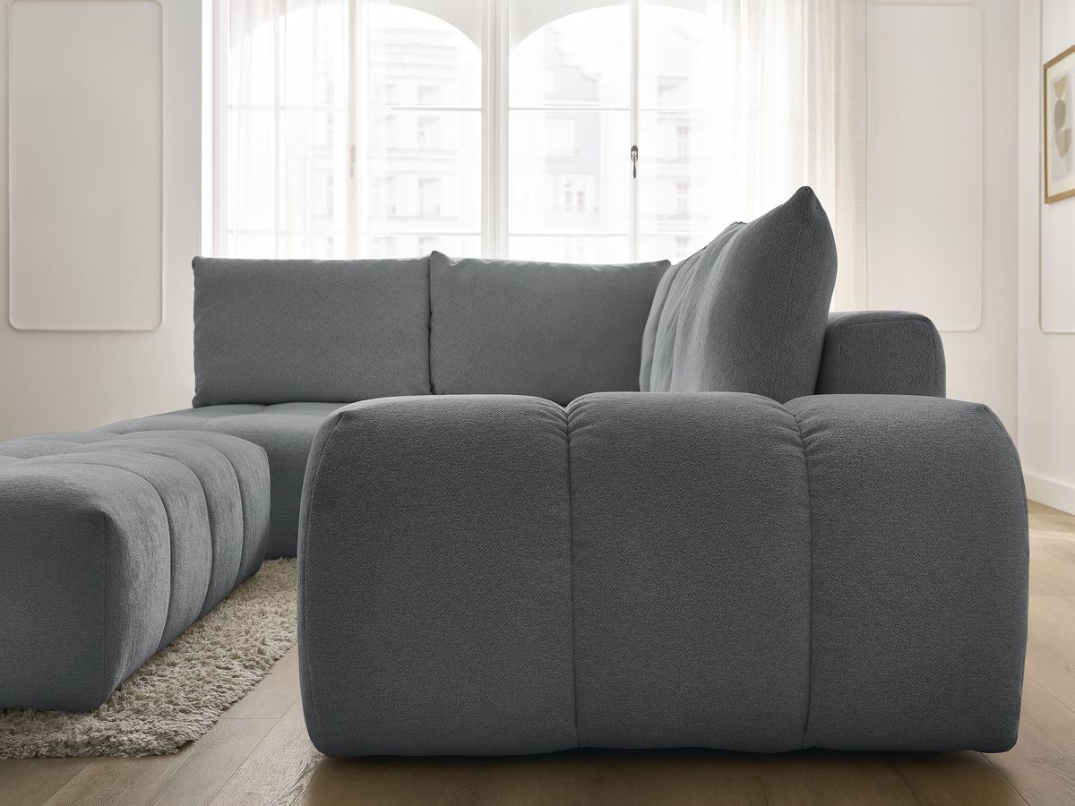 Bobochic Everest Ecksofa mit Schlaffunktion und Bettkasten und Pouf 320 × 212 cm, 5 Kissen Melange-Stoff Dunkelgrau Ecke links