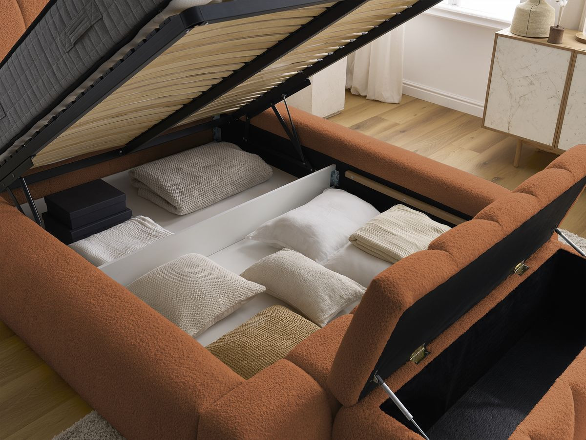 Bobochic Denali Polsterbett mit Bettkasten mit Bettbank Bouclé-Stoff Orange, Liegefläche 140 × 190 cm