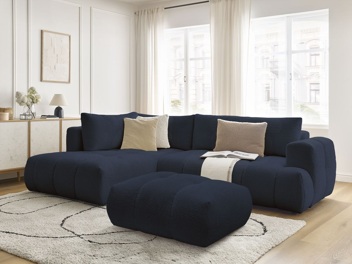 Bobochic Fuji Ecksofa mit Schlaffunktion und Bettkasten und Pouf 282 × 204 cm Bouclé-Stoff Dunkelblau Ecke links