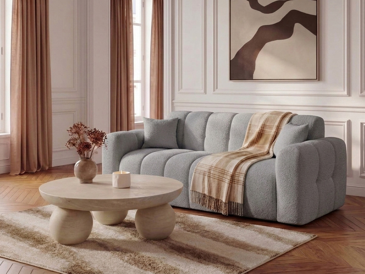 Bobochic Bradley Schlafsofa 3-Sitzer Bouclé-Stoff Hellgrau
