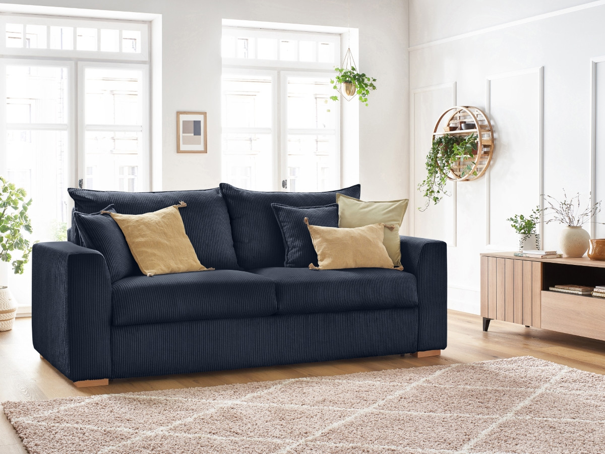 Bobochic Augustin Schlafsofa 3-Sitzer Cordsamt Dunkelblau, Liegefläche 140 × 200 cm