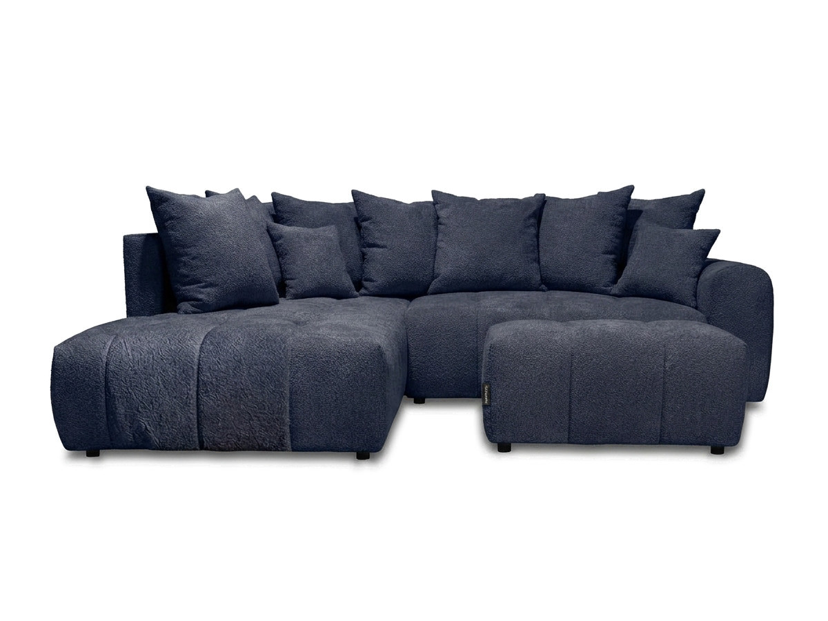 Bobochic Roxelane Ecksofa mit Schlaffunktion und Bettkasten und Pouf Bouclé-Stoff Dunkelblau Ecke links