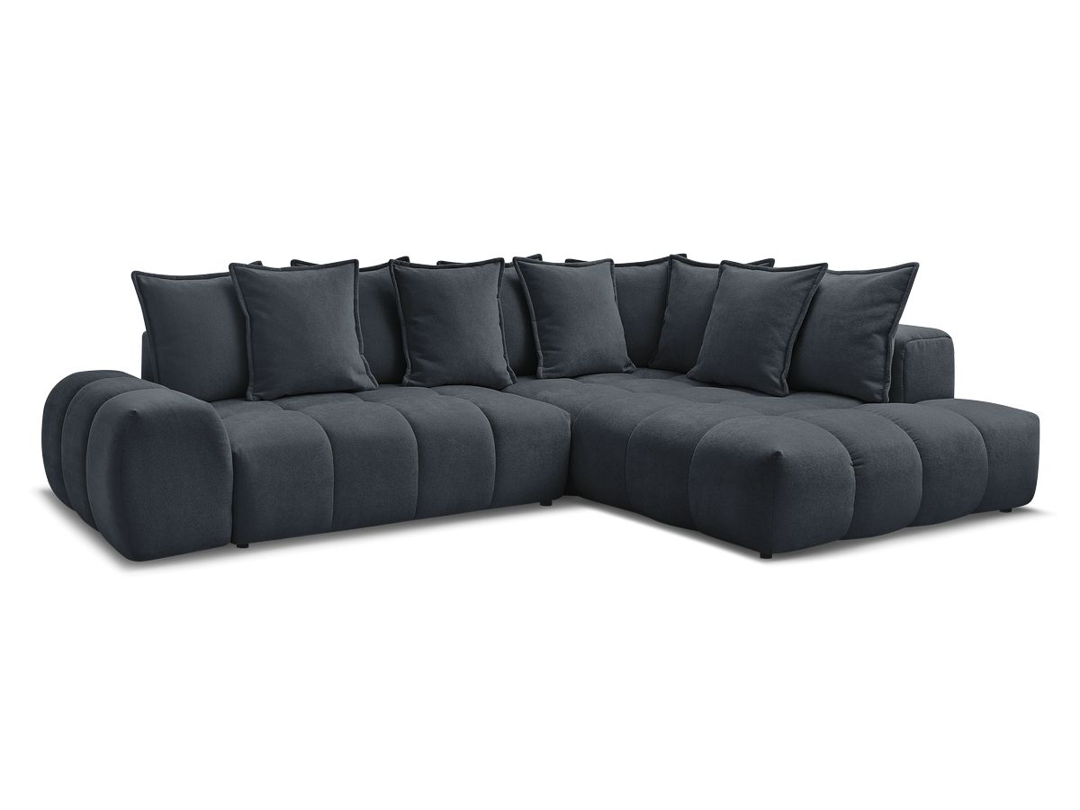Bobochic Everest Ecksofa mit Schlaffunktion und Bettkasten 320 × 212 cm, 10 Kissen Strukturstoff Dunkelblau Ecke rechts
