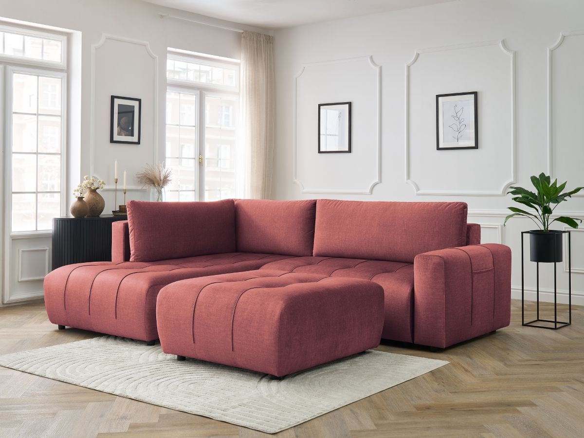 Bobochic Arsene Ecksofa mit Schlaffunktion und Bettkasten und Pouf 277 × 200 cm Samt Orange Ecke links