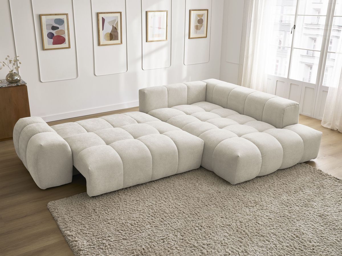 Bobochic Everest Ecksofa mit Schlaffunktion und Bettkasten 320 × 212 cm, 10 Kissen Strukturstoff Beige Ecke rechts