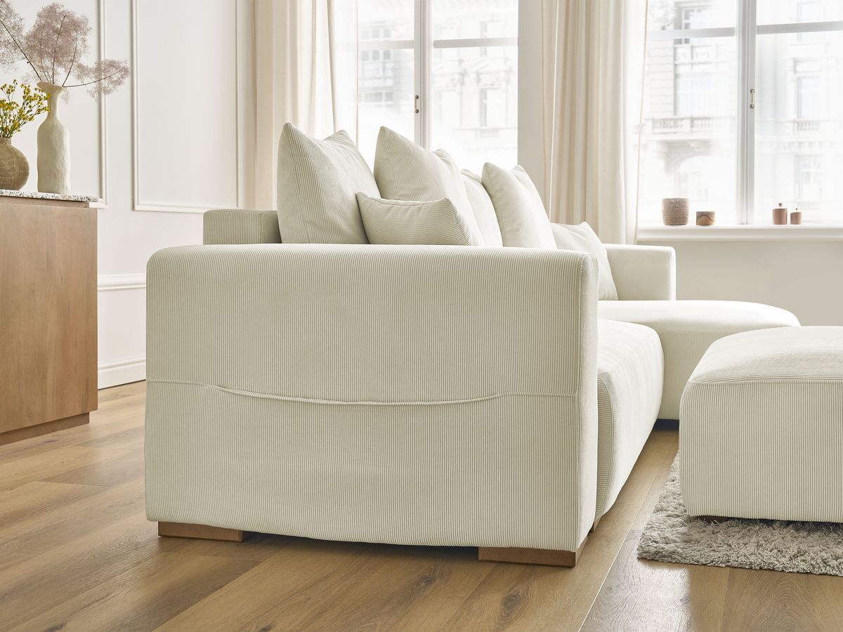Bobochic Sidonie Ecksofa mit Schlaffunktion und Bettkasten und Pouf Cordsamt Beige